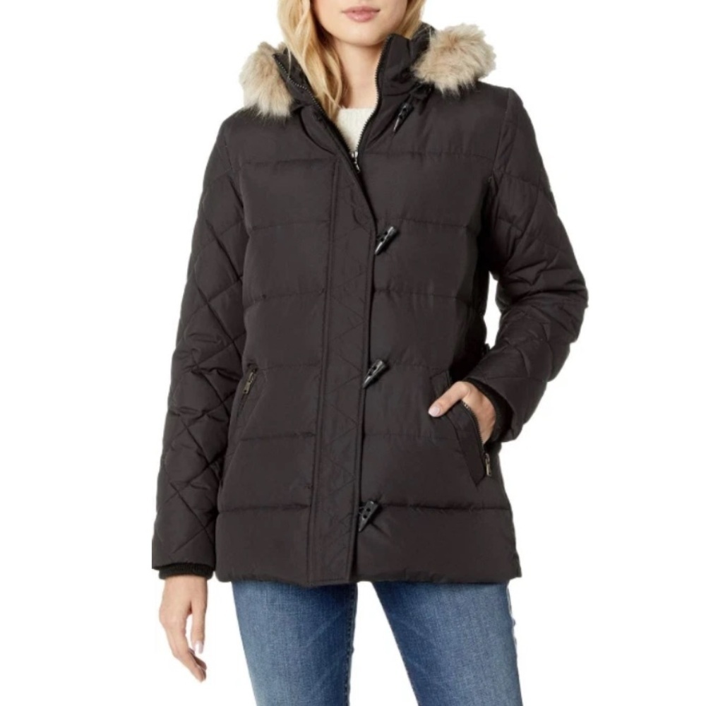 Lauren Ralph Lauren Womens Black Down Puffer Coat Fur Hood Sz‎ XS Quilted Toggle